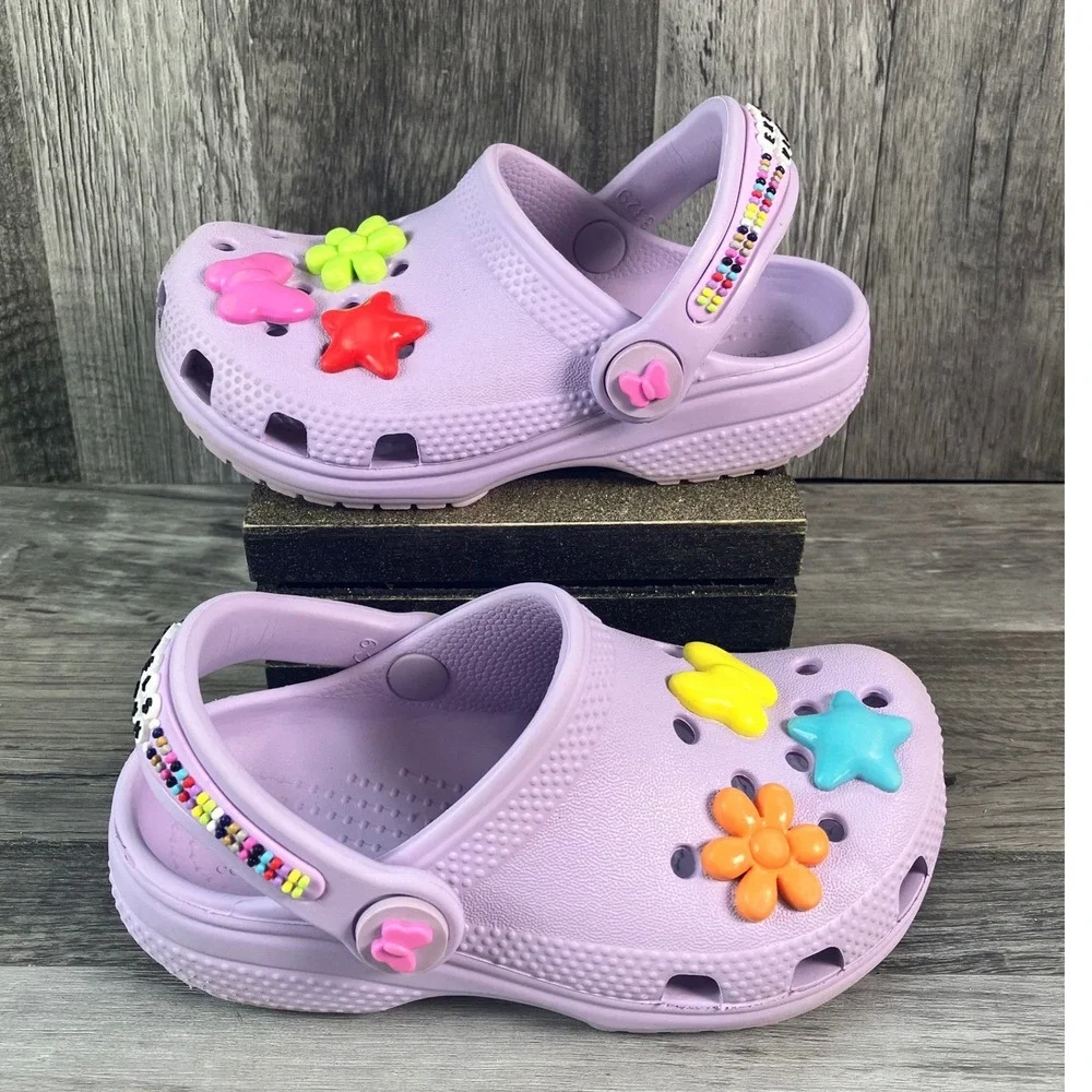 Crocs Classic Clogs Orchid Purple Toddler Size C9 Beaded Straps 3D Charms Kids